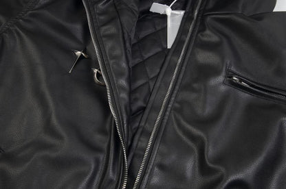 Thug Club Washed Black Hooded Leather Jacket - Cropped Biker Coat - 