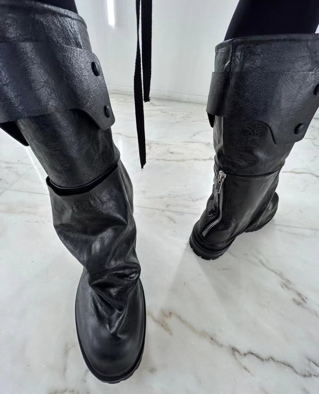 424 Distressed Leather Slouch Boots Oversized Crinkled Biker High Boots