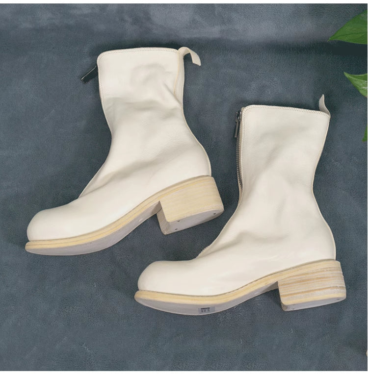 Guidi Horse Leather Distressed Chunky Heel Mid-Calf Ankle Boots PL1/2 Front-Zip