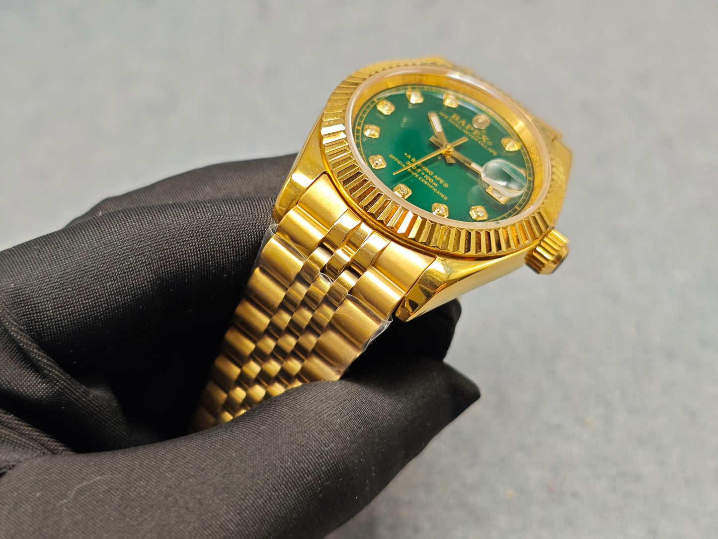 TYPE 6 BAPEX Gold-Green Ape Power Watch - Fluted Bezel Datejust Mechanical Wristwatch