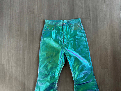 Rick Owen Acbt Coated Green Iridescent Flared Jeans - Wide-Leg Stacked Pants
