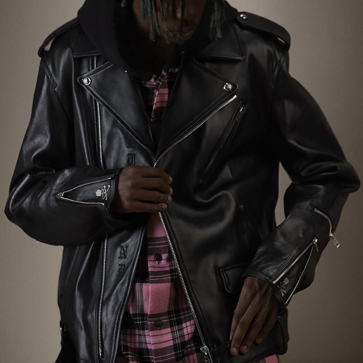 MASTERMIND Skull Embroidery Cowhide Biker Jacket - Luxury Darkwear