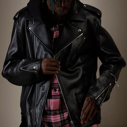MASTERMIND Skull Embroidery Cowhide Biker Jacket - Luxury Darkwear