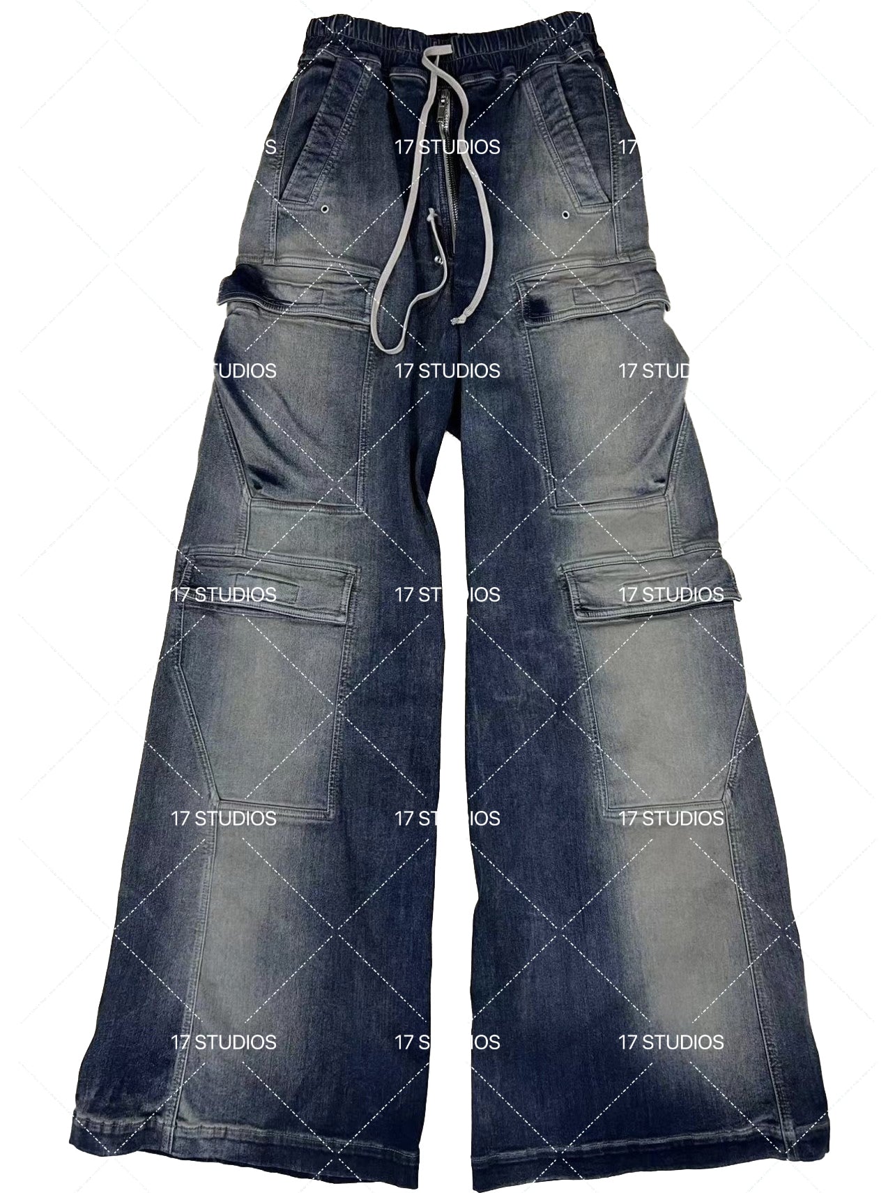 Ro Washed Gradient Multi-Pocket Cargo Jeans Straight Drawstring Wide-Leg Flare - Size avaliable S 46 M 48 L 50