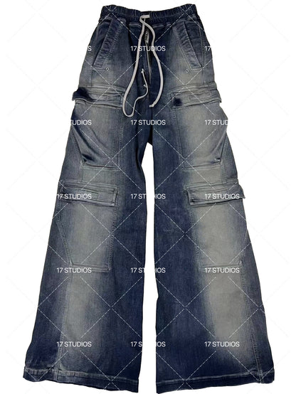 Ro Washed Gradient Multi-Pocket Cargo Jeans Straight Drawstring Wide-Leg Flare - Size avaliable S 46 M 48 L 50