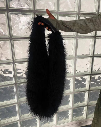 Our Legacy Faux Shearling Shoulder Bag - Oversized Furry Tote Faux Fur Crossbody - Black
