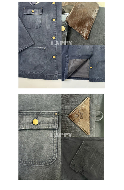 24SS Goatskin Patchwork Workwear Jacket with Leather Collar-Oversized Silhouette