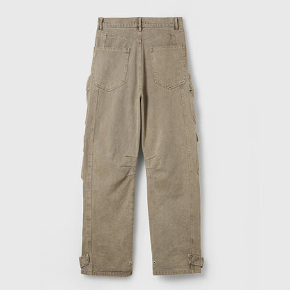 24SS Techwear Washed Denim Wide-Leg Heavyweight Cargo Pants Pockets Workwear
