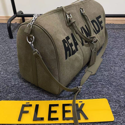 Readymade Overnight Bag - Army Green Canvas Embroidered Travel Bucket Gym Bag - Green