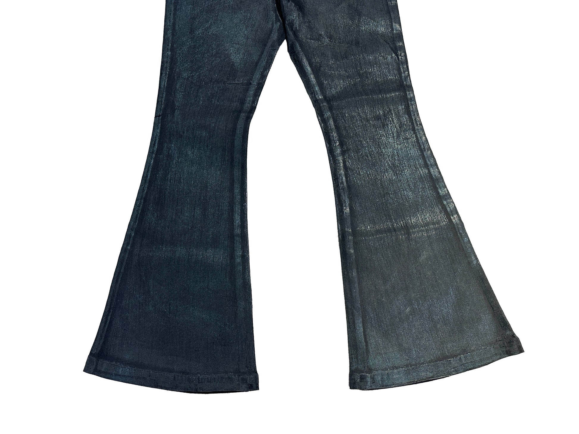 Rick Owen ACBT Dark Waxed Black Denim Pants – High Stretch Flared Wide-Leg Trousers - Size avaliable 28~34