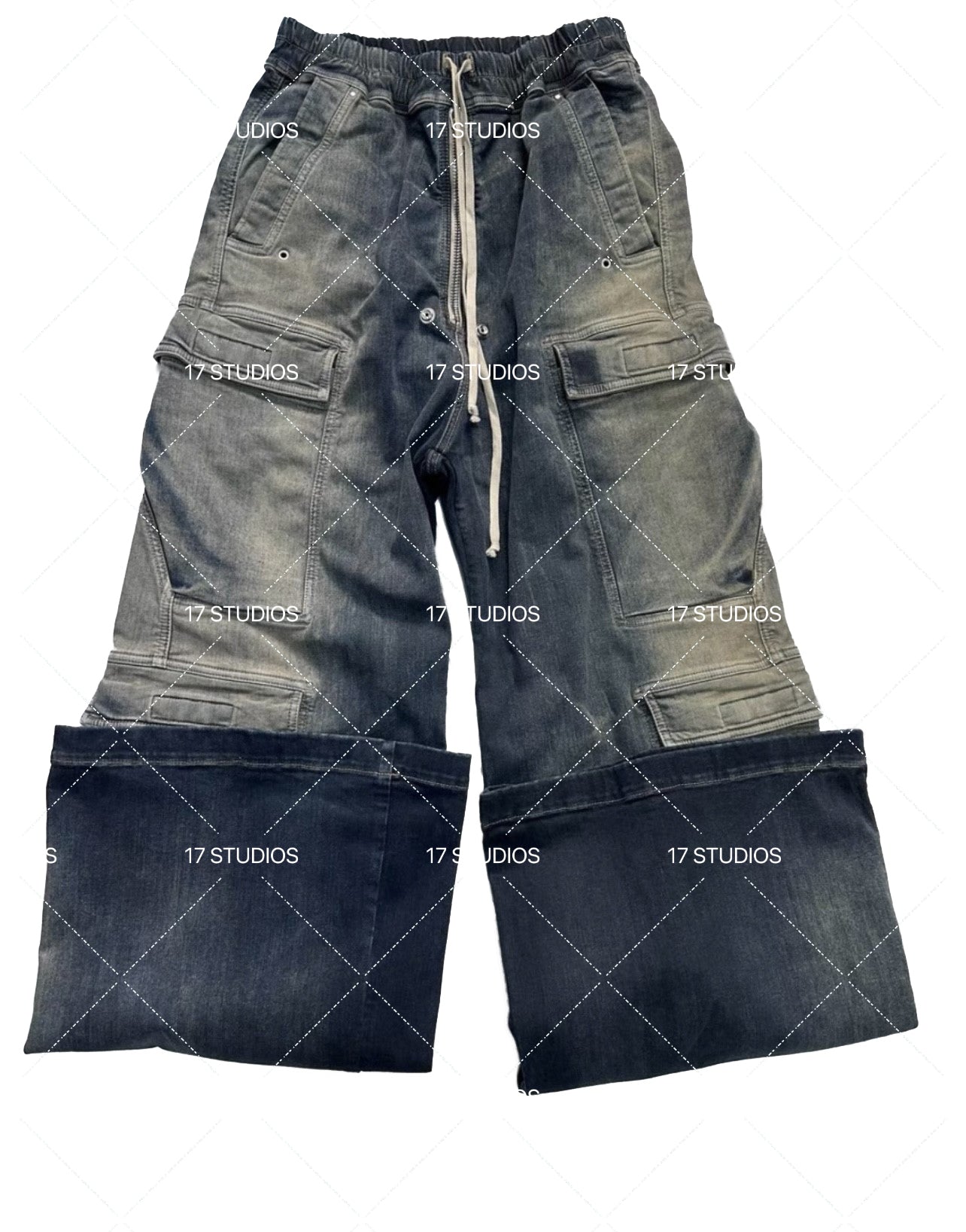 Ro Washed Gradient Multi-Pocket Cargo Jeans Straight Drawstring Wide-Leg Flare - Size avaliable S 46 M 48 L 50