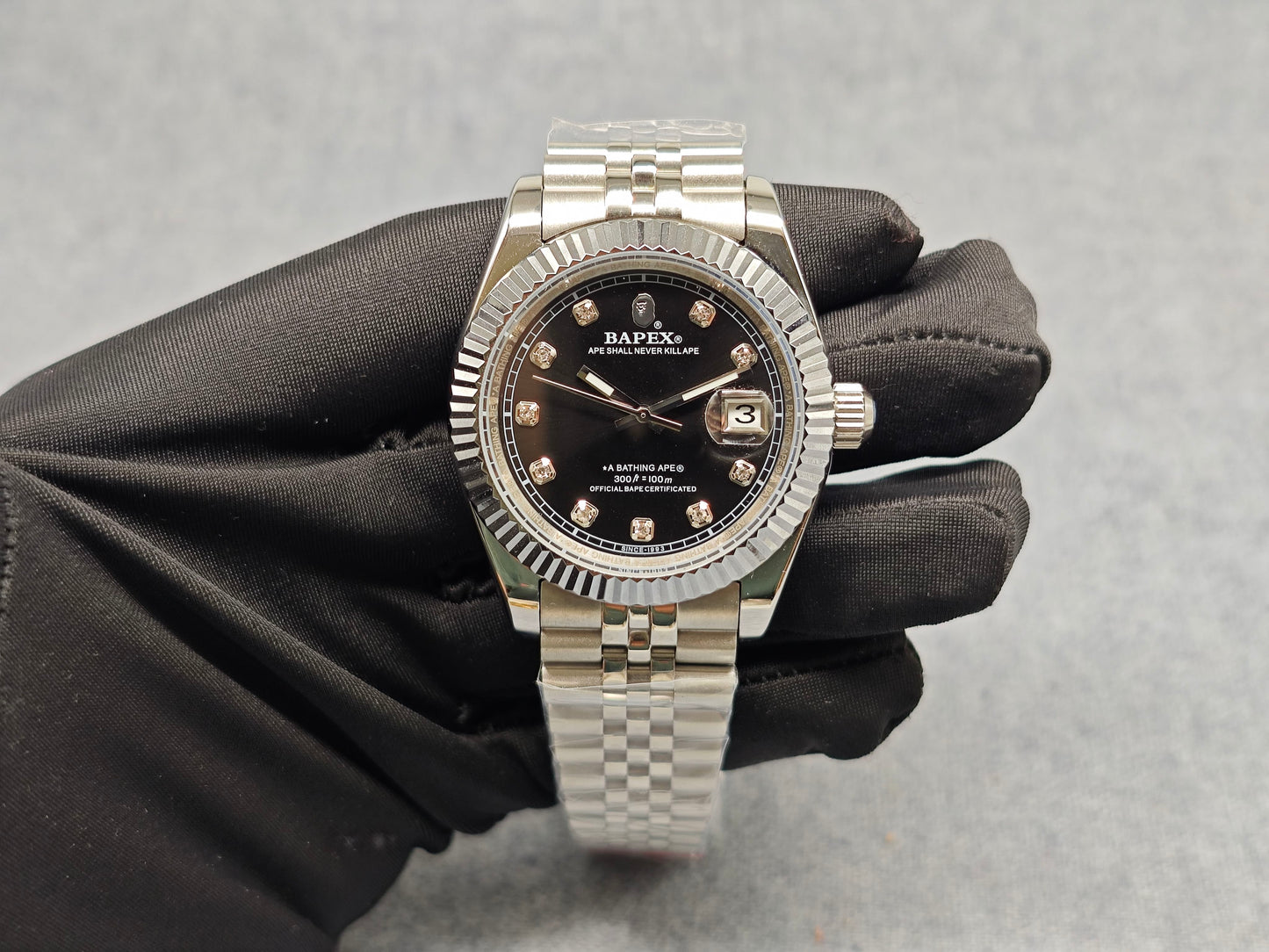 TYPE 6 BAPEX Gold-Green Ape Power Watch - Fluted Bezel Datejust Mechanical Wristwatch - Silver