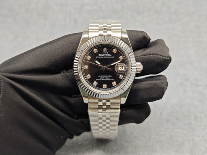 TYPE 6 BAPEX Gold-Green Ape Power Watch - Fluted Bezel Datejust Mechanical Wristwatch - Silver