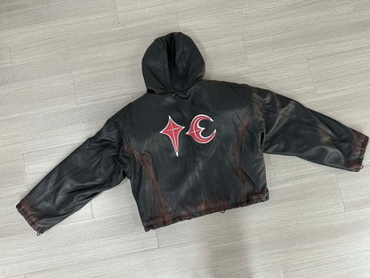 Thug Club Heavyweight Washed Goatskin Hooded Leather Short Padded Jacket