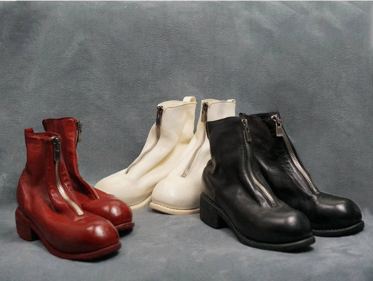 Guidi Horse Leather Distressed Chunky Heel Mid-Calf Ankle Boots PL1/2 Front-Zip
