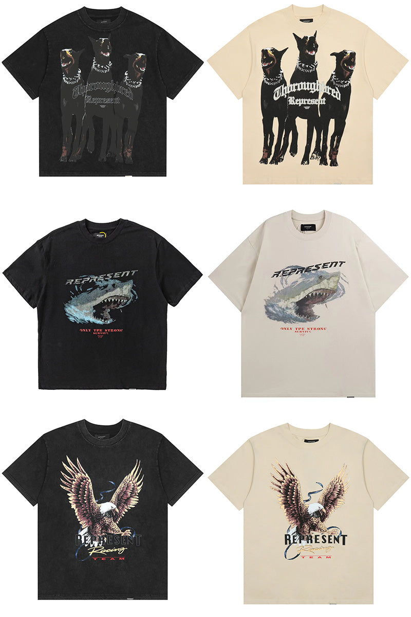 REPRESENT Washed Distressed Doberman Shark Short-Sleeve T-Shirt FOG