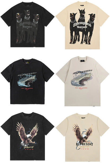 REPRESENT Washed Distressed Doberman Shark Short-Sleeve T-Shirt FOG