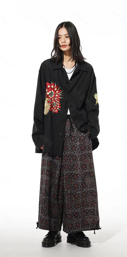 Yohji Yamamoto Hummingbird Embroidered Silk-Linen Jacket Long Sleeve