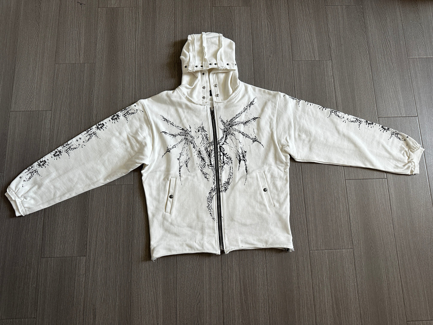 THUG CLUB Heavyweight Hoodie Dragon Spine Demon Print Studded Washed Zip-Up Jackets - White