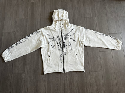 THUG CLUB Heavyweight Hoodie Dragon Spine Demon Print Studded Washed Zip-Up Jackets - White