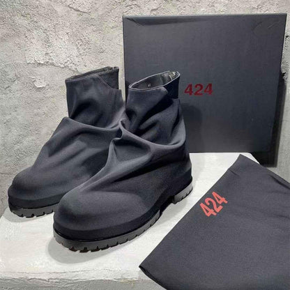 424 on Fairfax Ankle Boots - SS22 Crinkled Zip High-Top Retro Thick-Soled Lambskin - Canvas B/W