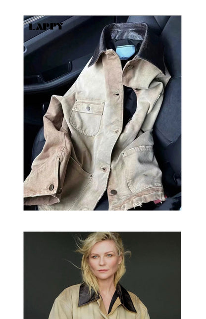 24SS Goatskin Patchwork Workwear Jacket with Leather Collar-Oversized Silhouette