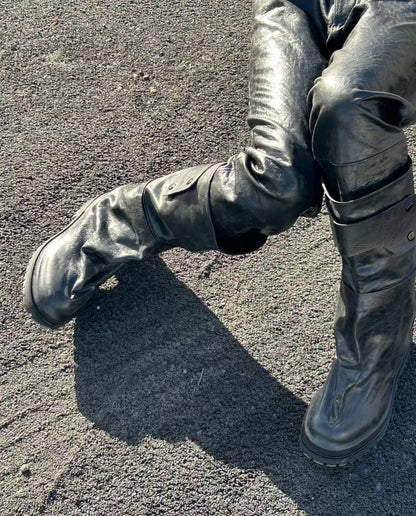 424 Distressed Leather Slouch Boots Oversized Crinkled Biker High Boots