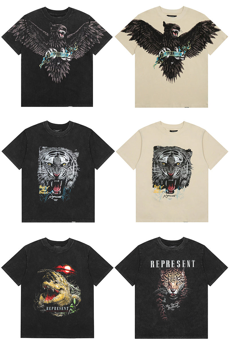 REPRESENT Washed Distressed Doberman Shark Short-Sleeve T-Shirt FOG