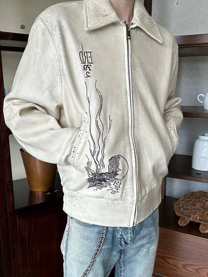 ERD SS24 Depressed Heir Embroidered Splatter Leather Biker Jacket Wookvibe