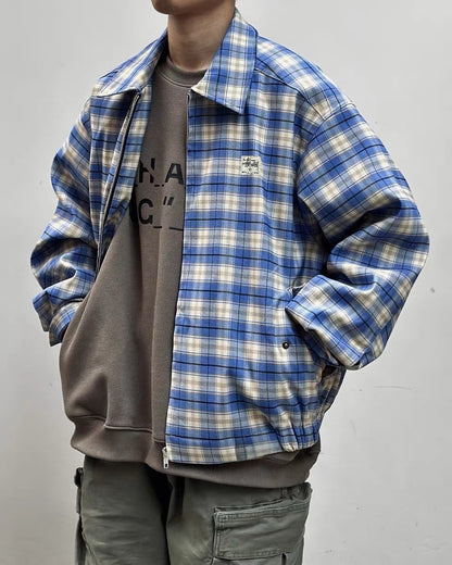 Stussy 24SS Blue Plaid Collared Coach Jacket – Retro Coats Casual Outerwear