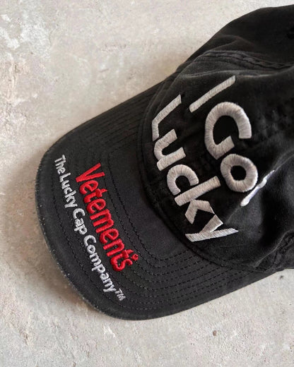 Vetements 22FW Washed Gray Embroidered Baseball Cap ’I Got Lucky’ Long Brim Hat