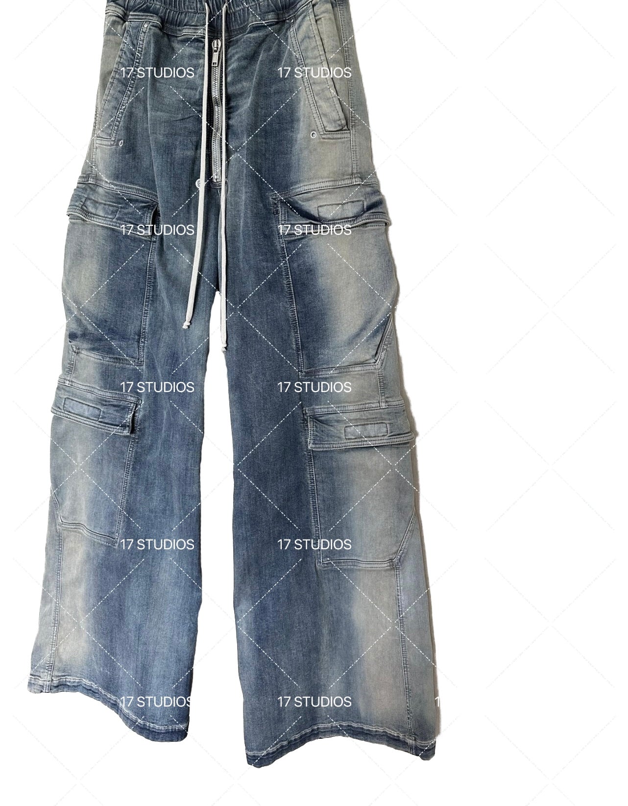 Ro Washed Gradient Multi-Pocket Cargo Jeans Straight Drawstring Wide-Leg Flare - Size avaliable S 46 M 48 L 50