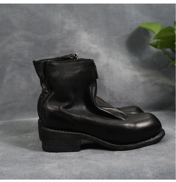 Guidi Horse Leather Distressed Chunky Heel Mid-Calf Ankle Boots PL1/2 Front-Zip