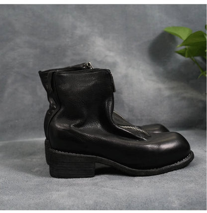 Guidi Horse Leather Distressed Chunky Heel Mid-Calf Ankle Boots PL1/2 Front-Zip