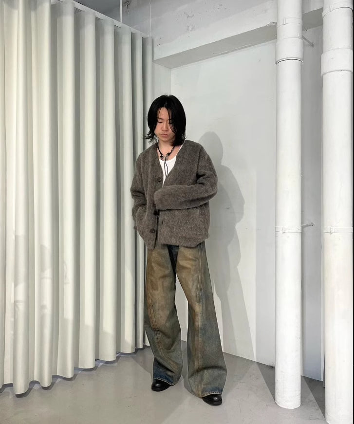 Our Legacy Gray-Brown Mohair Cardigan Wool Blend Knitted Long Sleeve V-Neck Sweater
