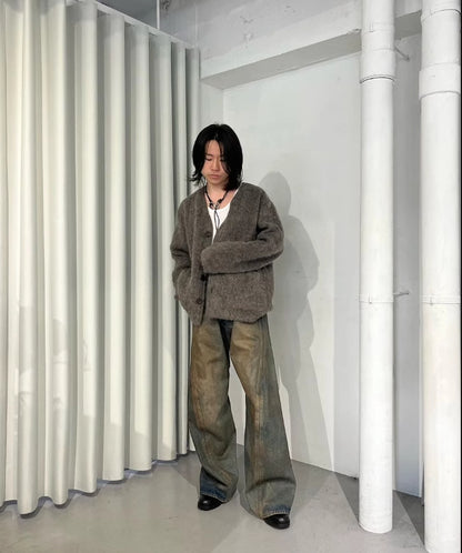 Our Legacy Gray-Brown Mohair Cardigan Wool Blend Knitted Long Sleeve V-Neck Sweater
