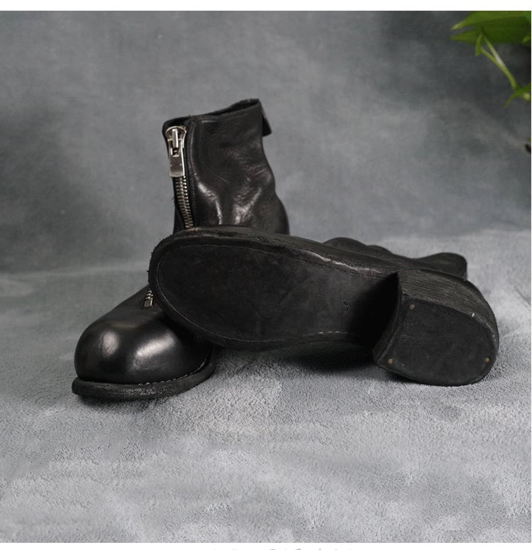 Guidi Horse Leather Distressed Chunky Heel Mid-Calf Ankle Boots PL1/2 Front-Zip