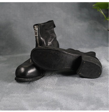 Guidi Horse Leather Distressed Chunky Heel Mid-Calf Ankle Boots PL1/2 Front-Zip