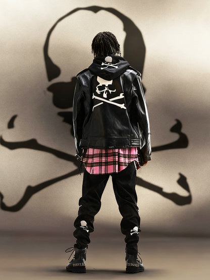 MASTERMIND Skull Embroidery Cowhide Biker Jacket - Luxury Darkwear