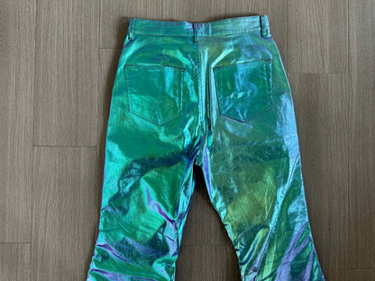 Rick Owen Acbt Coated Green Iridescent Flared Jeans - Wide-Leg Stacked Pants