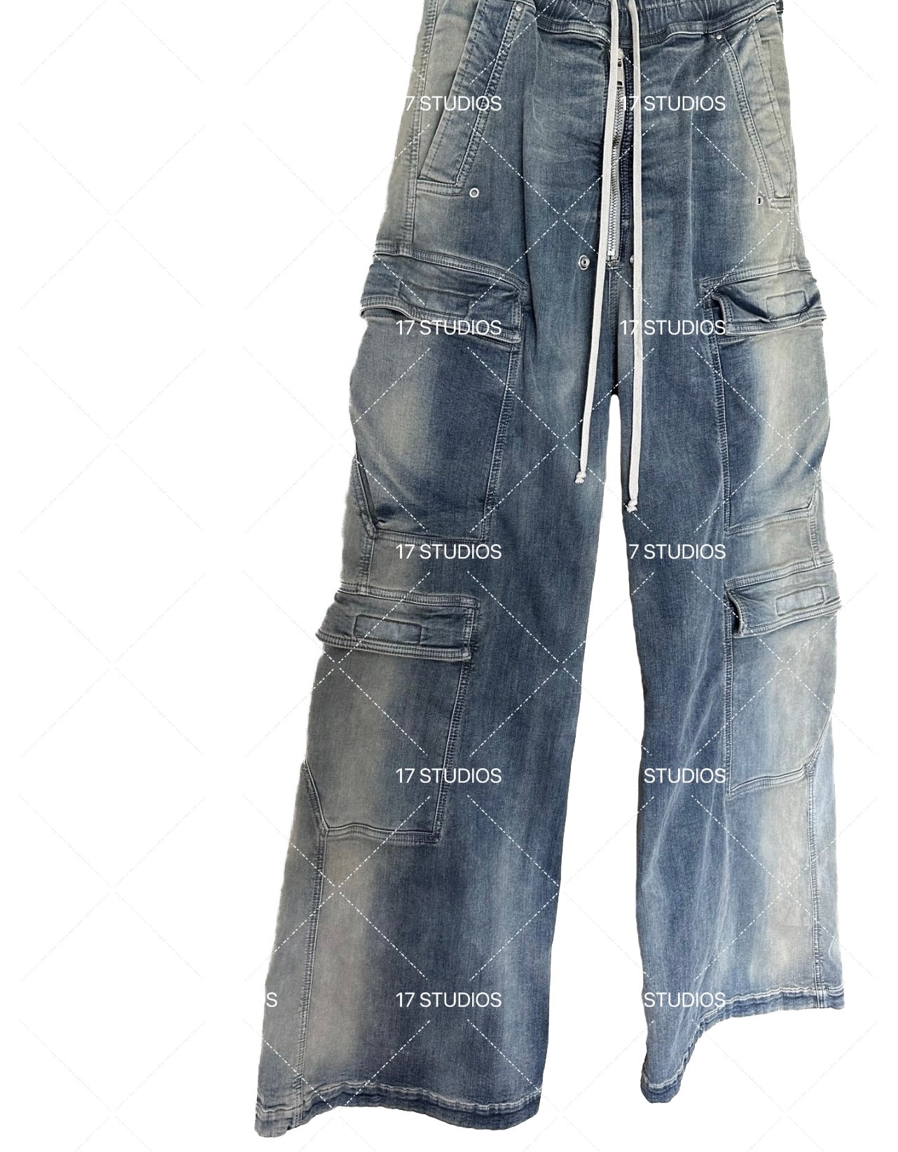 Ro Washed Gradient Multi-Pocket Cargo Jeans Straight Drawstring Wide-Leg Flare - Size avaliable S 46 M 48 L 50