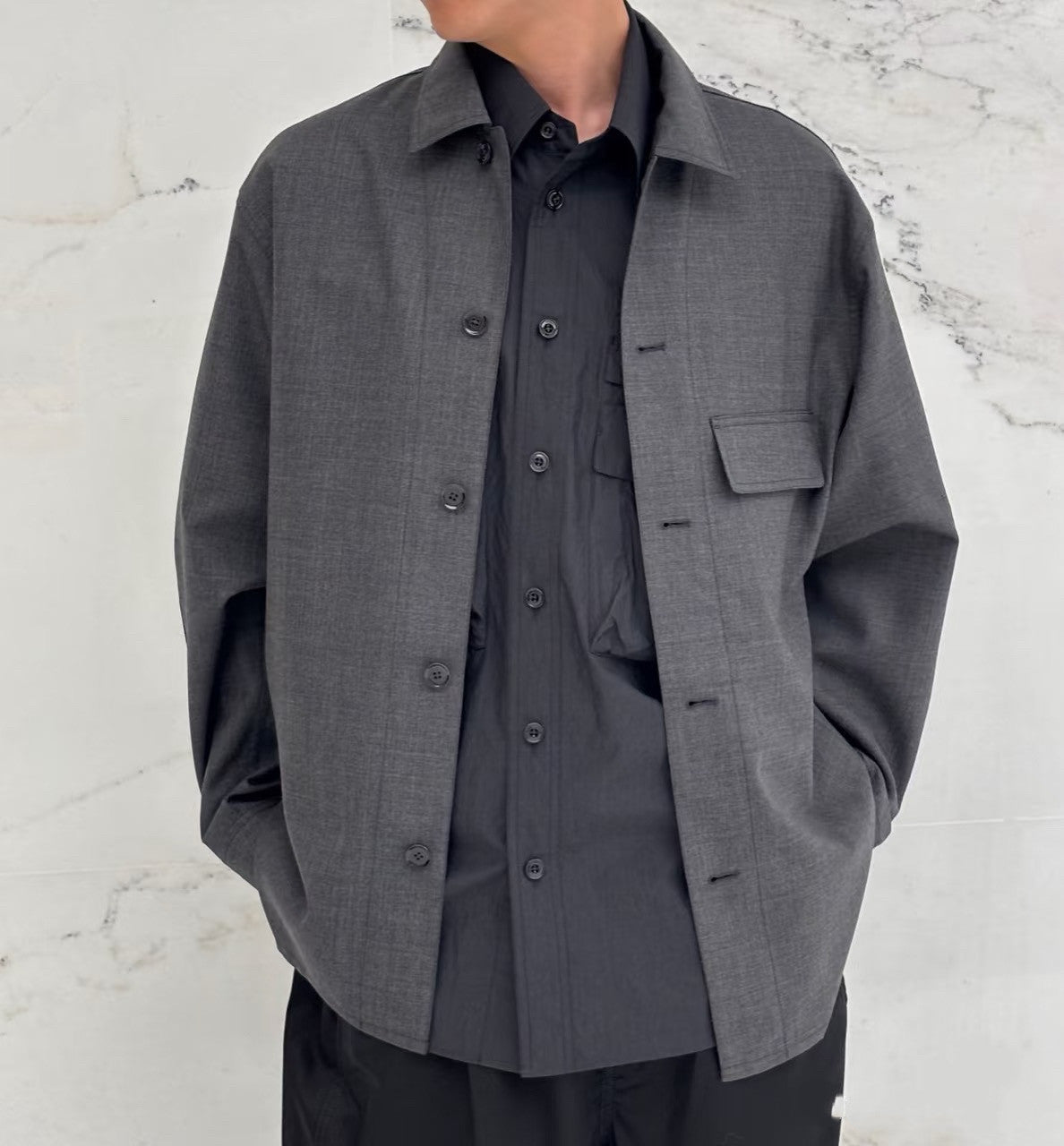 LEM SS25 Black-Grey Wool Shirt Jacket - 100% Wool Button-Front Overshirt
