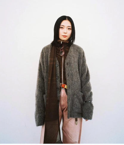 Our Legacy Gray-Brown Mohair Cardigan Wool Blend Knitted Long Sleeve V-Neck Sweater