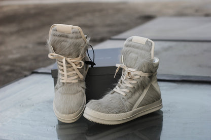 24SS Pony Hair RO High-Top Sneakers – Leather Thick Sole Casual Shoes Unisex