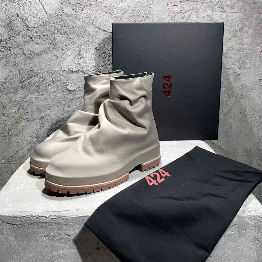 424 on Fairfax Ankle Boots - SS22 Crinkled Zip High-Top Retro Thick-Soled Lambskin