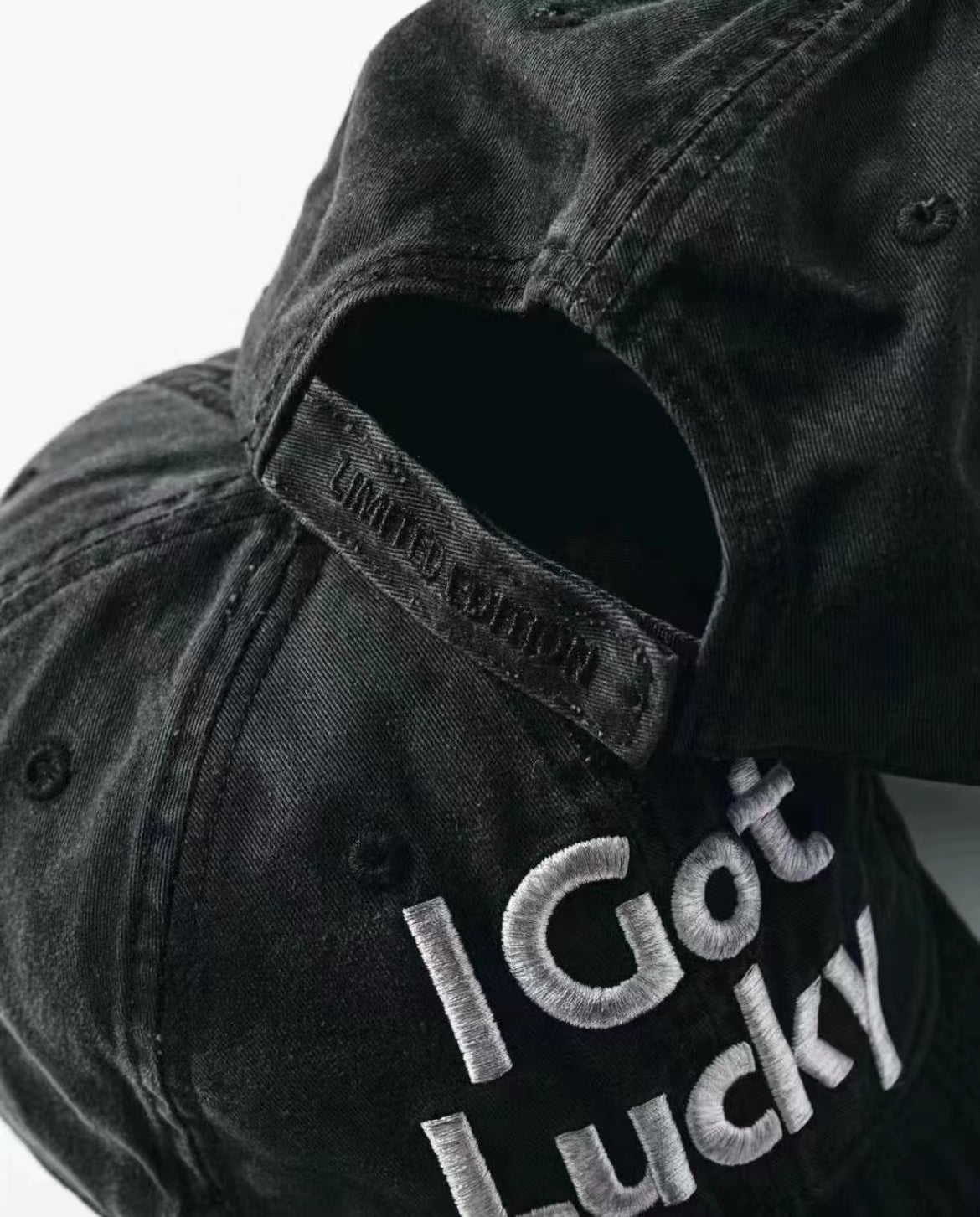 Vetements 22FW Washed Gray Embroidered Baseball Cap ’I Got Lucky’ Long Brim Hat