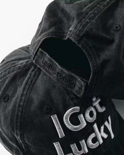 Vetements 22FW Washed Gray Embroidered Baseball Cap ’I Got Lucky’ Long Brim Hat