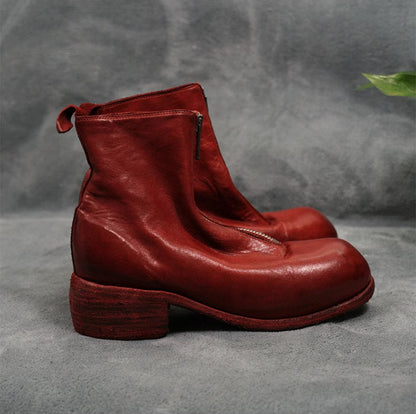 Guidi Horse Leather Distressed Chunky Heel Mid-Calf Ankle Boots PL1/2 Front-Zip