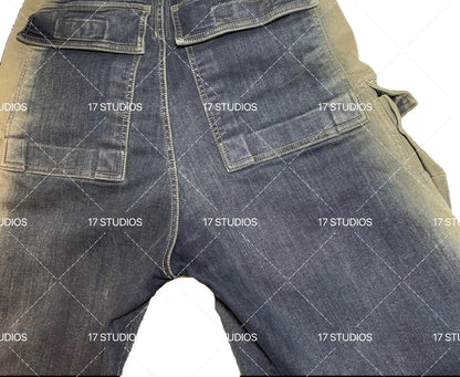 Ro Washed Gradient Multi-Pocket Cargo Jeans Straight Drawstring Wide-Leg Flare - Size avaliable S 46 M 48 L 50