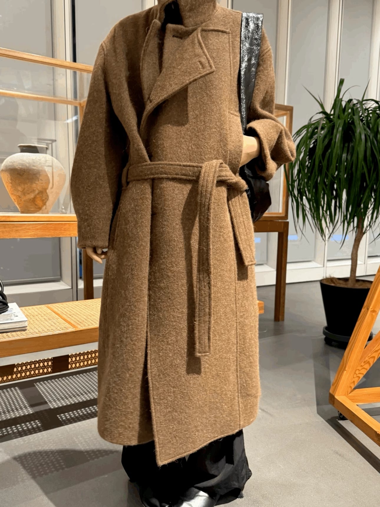 Lemaire Alpaca Wool Blend Trench Coat - Brown Stand Collar Robe